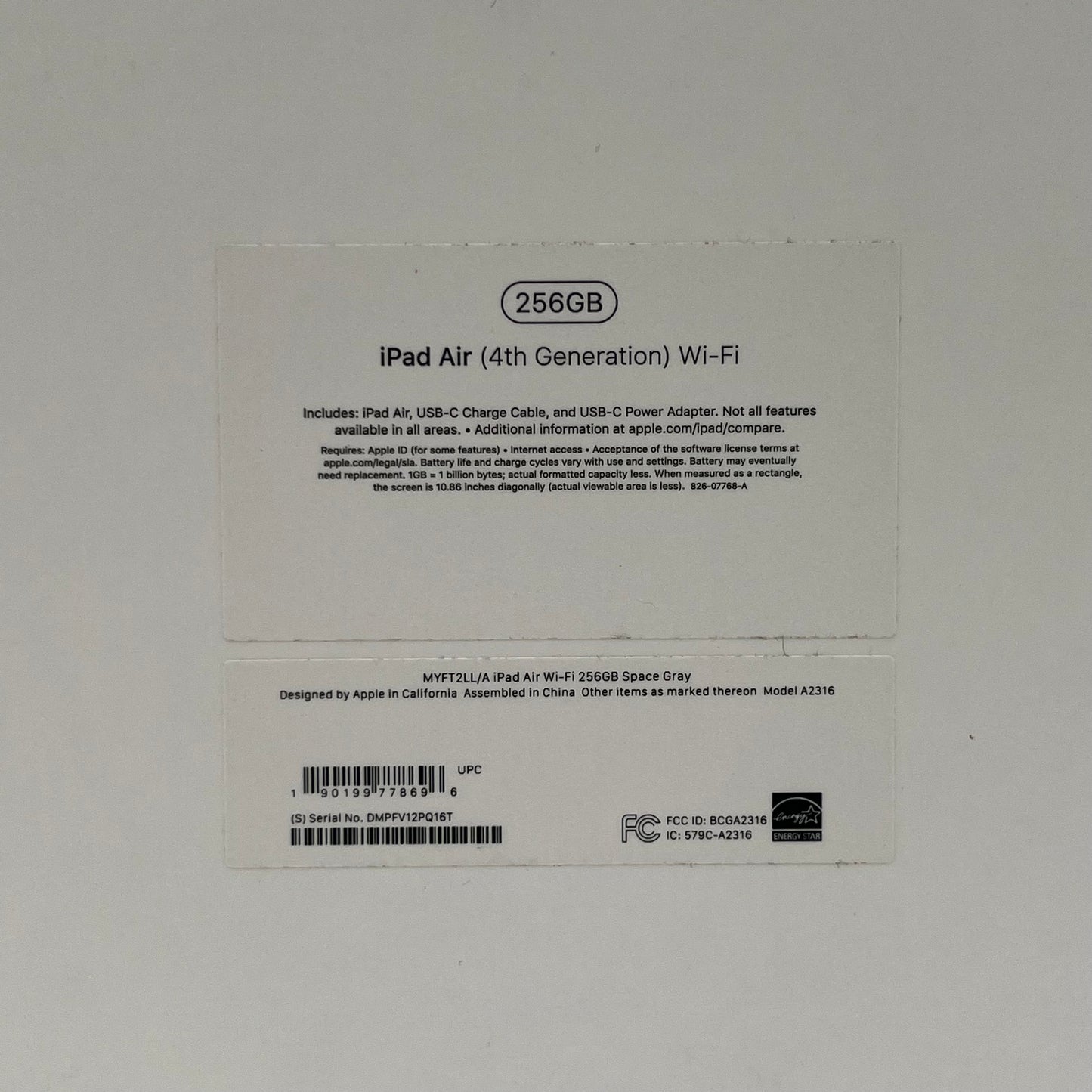 WiFi Only Apple iPad Air 4th Gen 256GB 15.6.2 Space Gray MYFT2LL/A