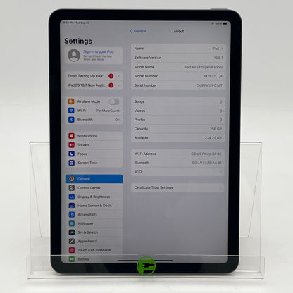 WiFi Only Apple iPad Air 4th Gen 256GB 15.6.2 Space Gray MYFT2LL/A
